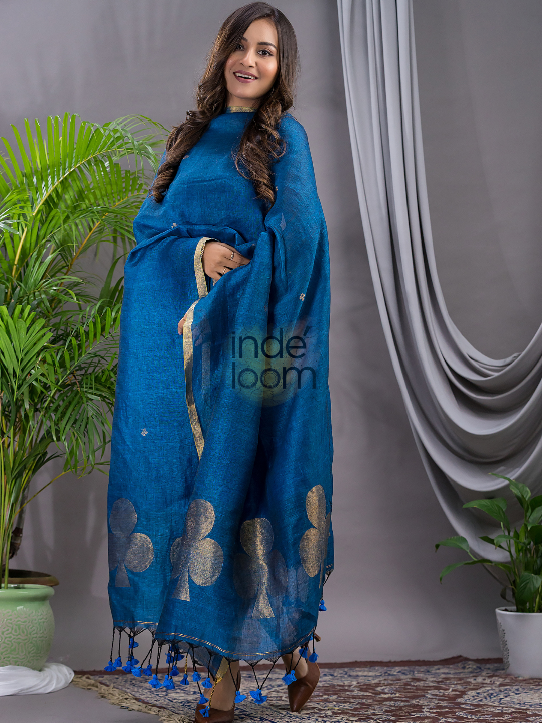 Classic Blue Cotton Linen  2-Piece Set Kurti & Dupatta (UNSTITCHED) - 120