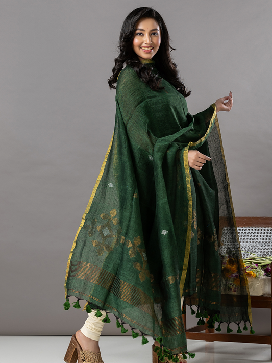 Handwoven Jamdani Linen Unstitched 2-Piece Kurti | Forest Green