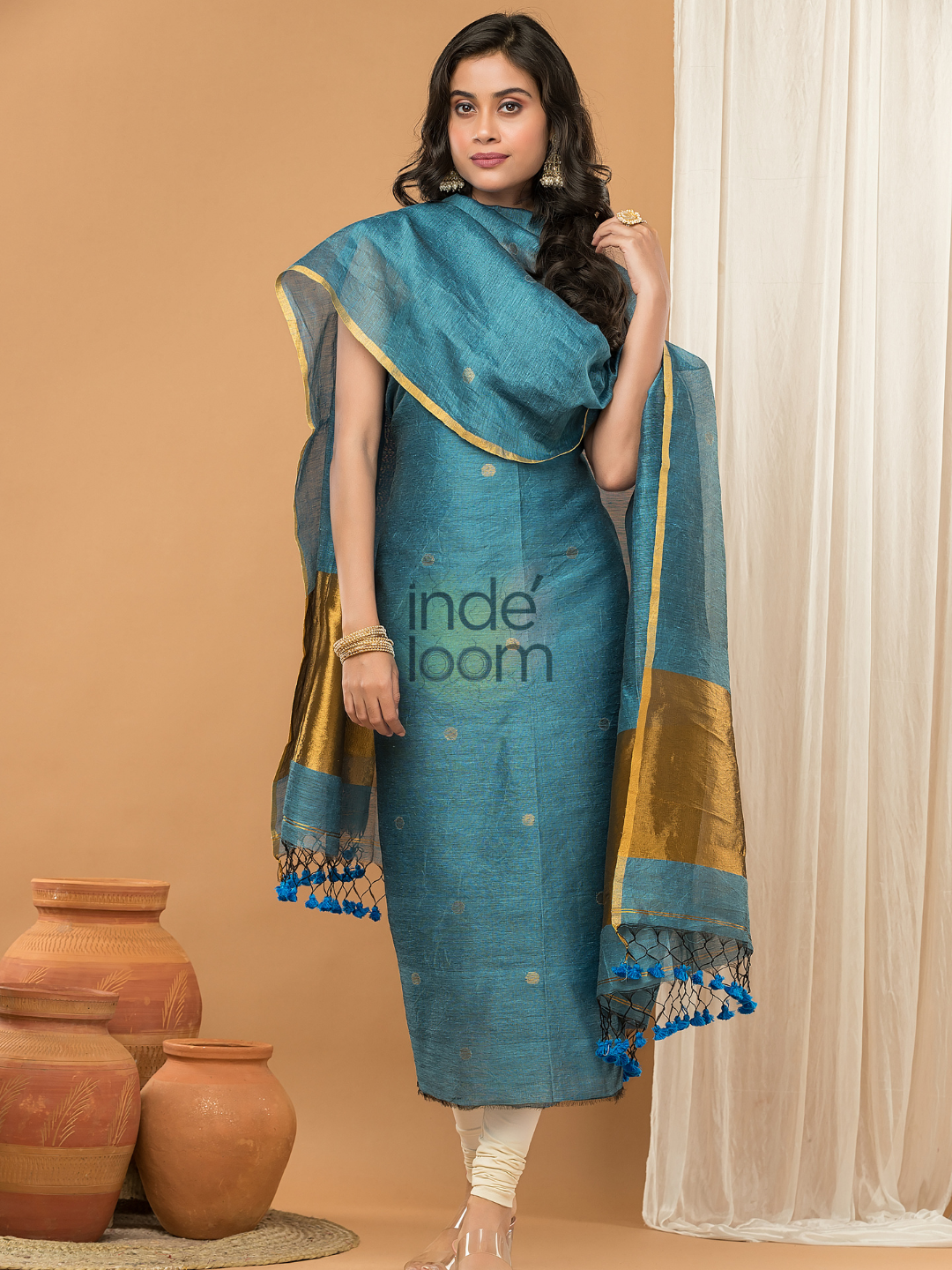 Linen Jamdani Unstitched 2-Piece Kurti  |  Navy Blue