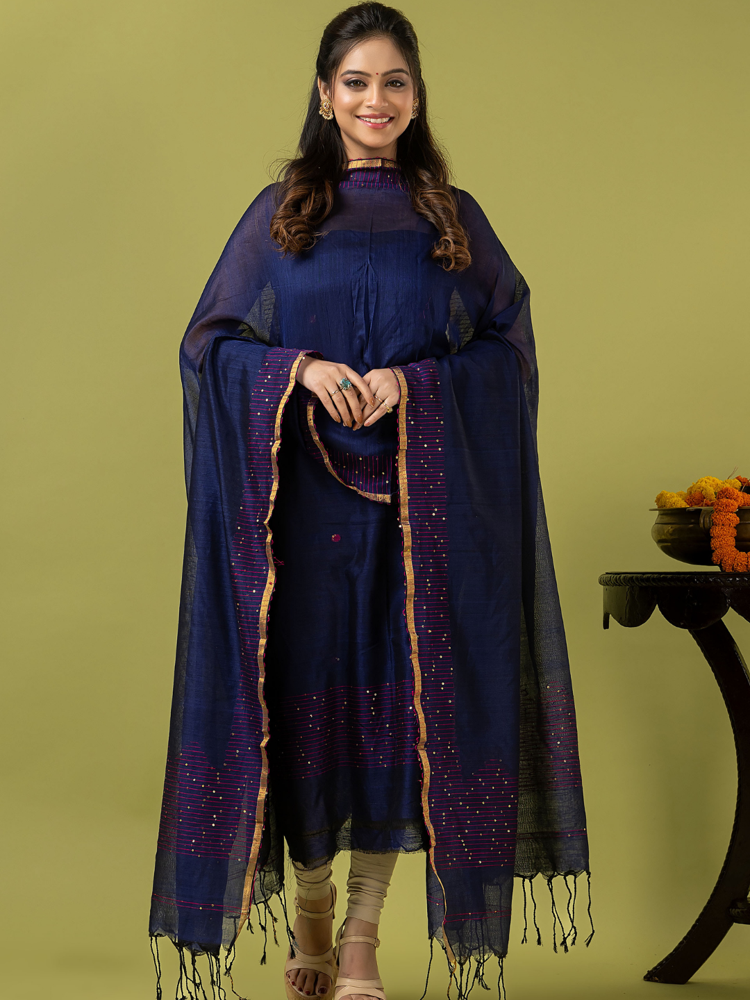 Handwoven Jamdani cotton Unstitched 2-piece Kurti | Deep Navy Blue