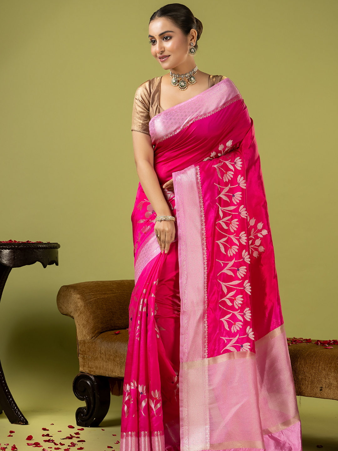 Classic Benarasi Semi Silk Saree | Fuchsia Pink