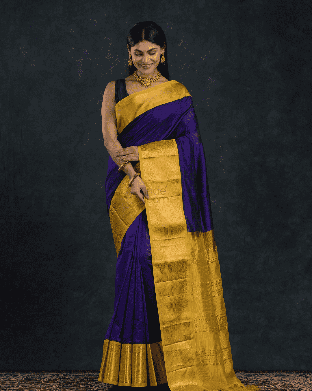 Pure Handloom Korvai Saree | Navy Blue and Golden Yellow