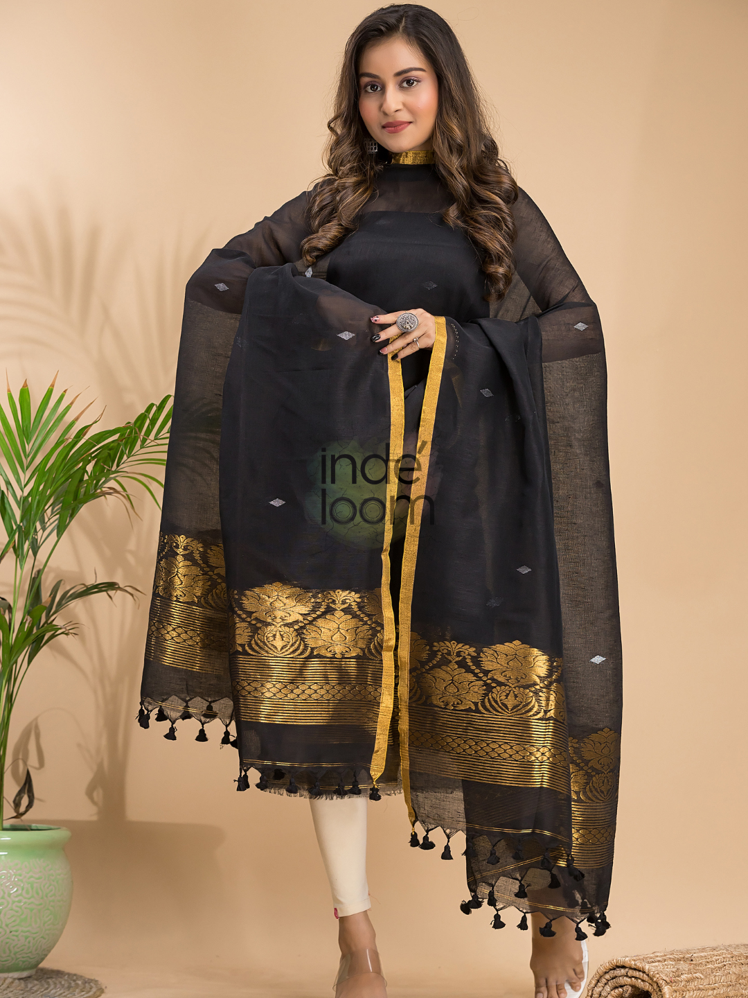 Rich Black Cotton Linen 2-Piece Set Kurti & Dupatta (UNSTITCHED) - 021