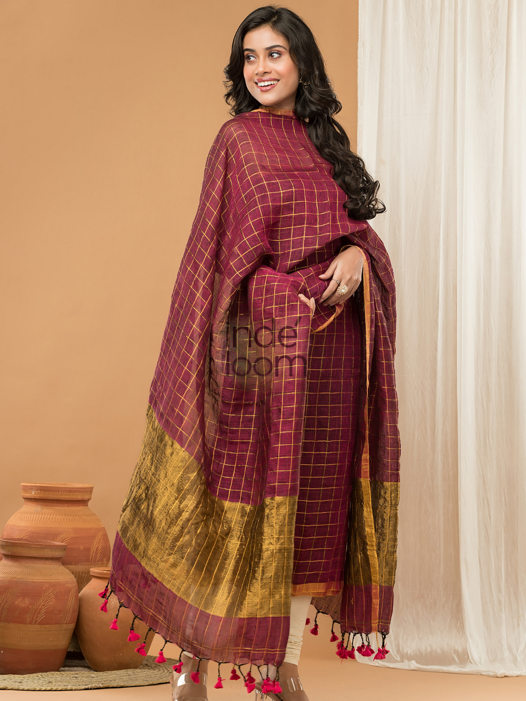 Maroon with Golden color Jamdani 2-Piece Set Kurti & Dupatta (UNSTITCHED) - 157