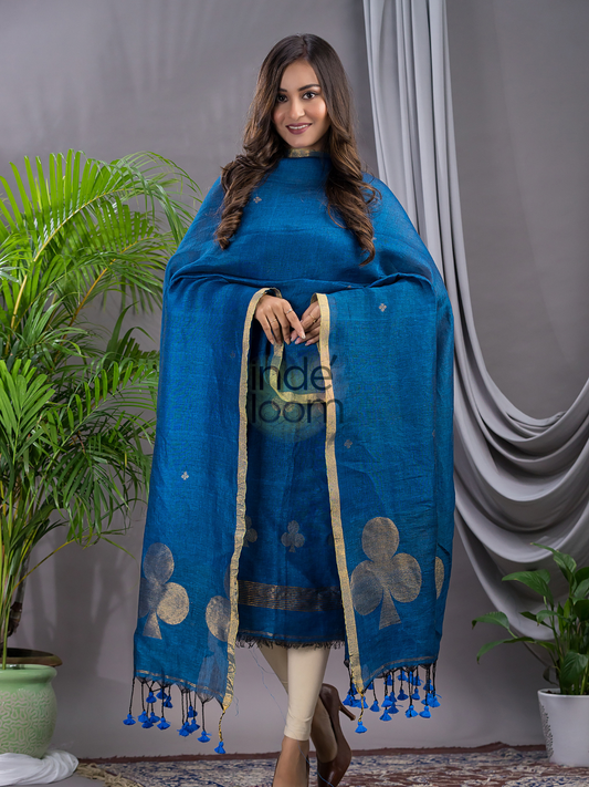 Handwoven Jamdani Cotton Linen Unstitched 2-piece Kurti  |  Denim Blue
