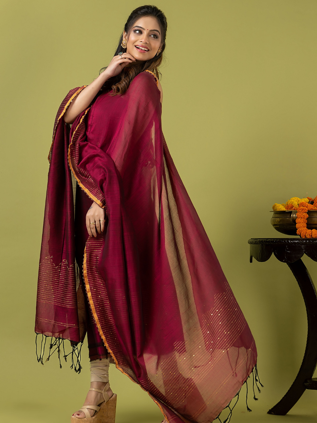 Handwoven Jamdani cotton Unstitched 2-piece Kurti | Wine Red