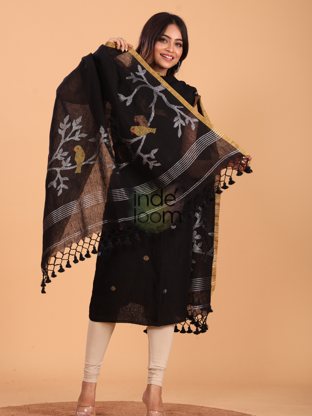 Super Black Linen Jamdani 2-Piece Set Kurti & Dupatta (UNSTITCHED) - 062