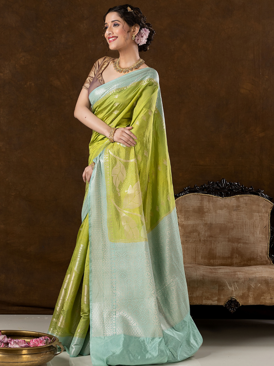 Classic Benarasi Semi Silk Saree | Lime Green