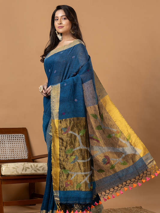 Handwoven Jamdani Linen Saree | Peacock Blue