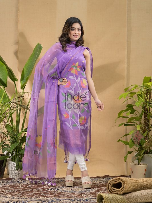 Handwoven Jamdani Muslin Unstitched 2-piece Kurti  |  Amethyst Purple