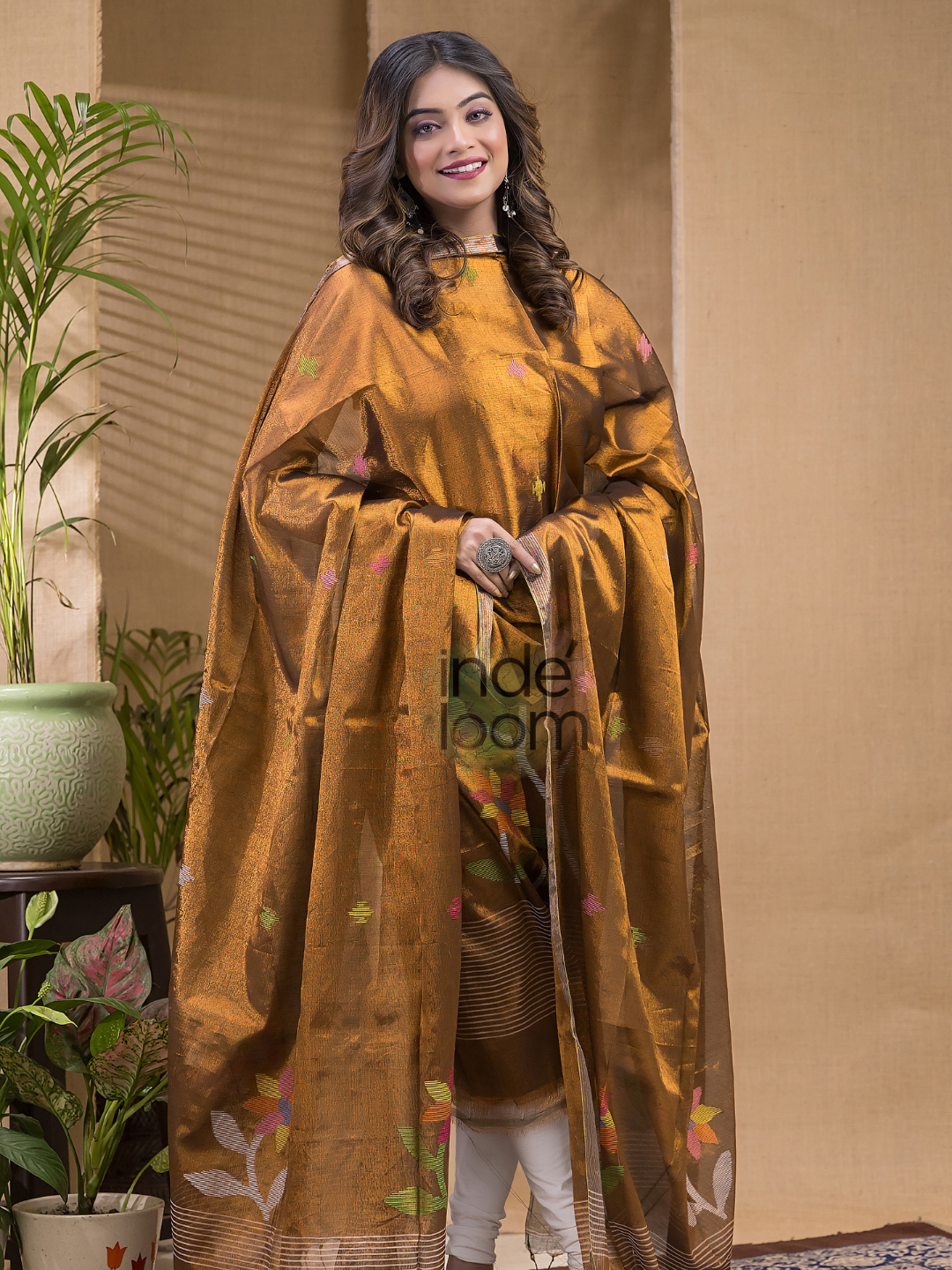 Mustard Yellow Pure Metalic linen suit 2 piece Set Kurti & Dupatta (UNSTITCHED)-622
