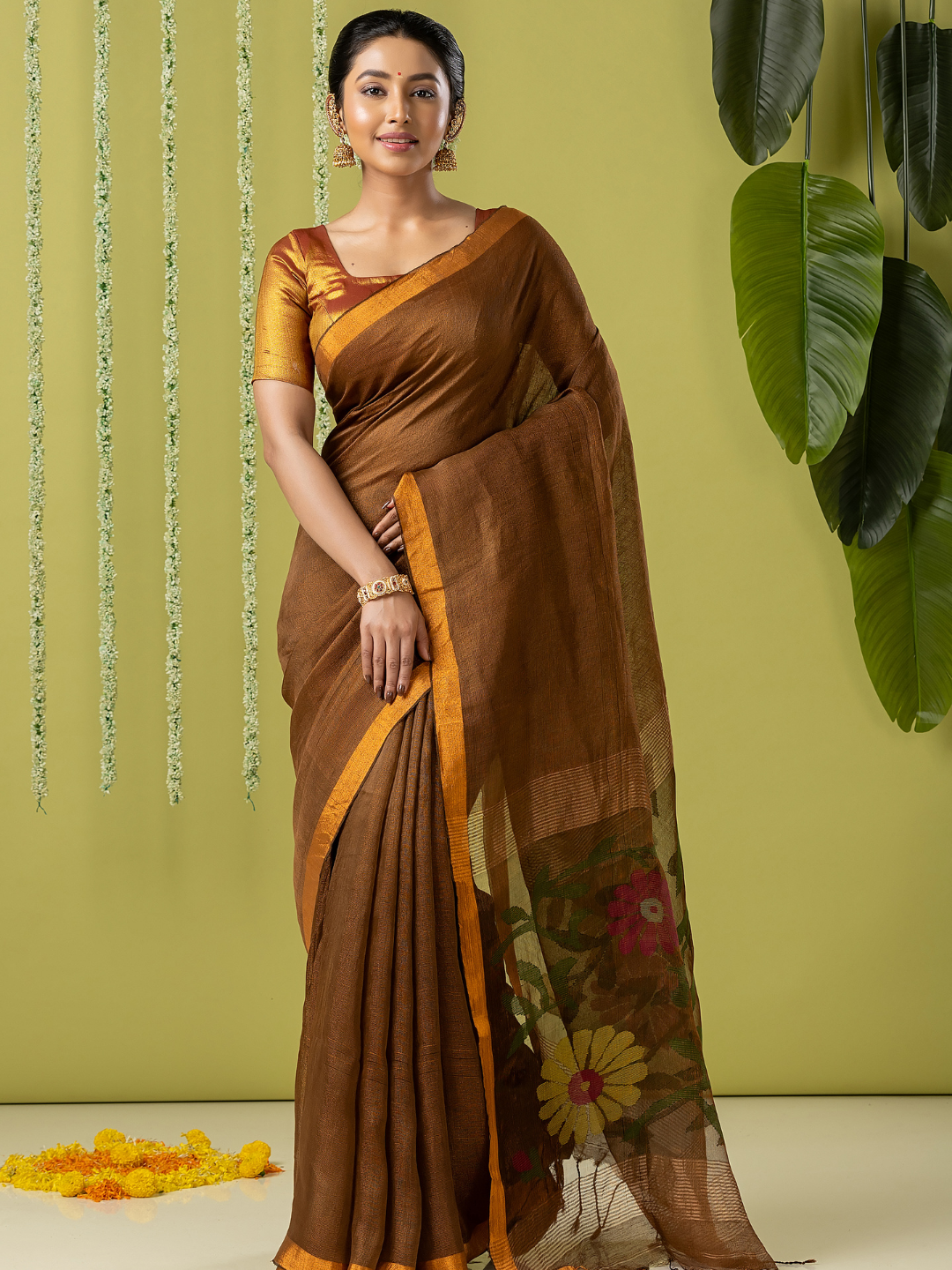 Handwoven Jamdani Linen Saree | Coffee Brown