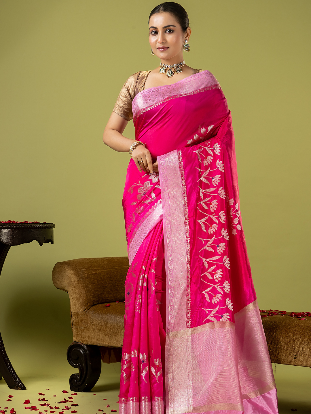 Classic Benarasi Semi Silk Saree | Fuchsia Pink