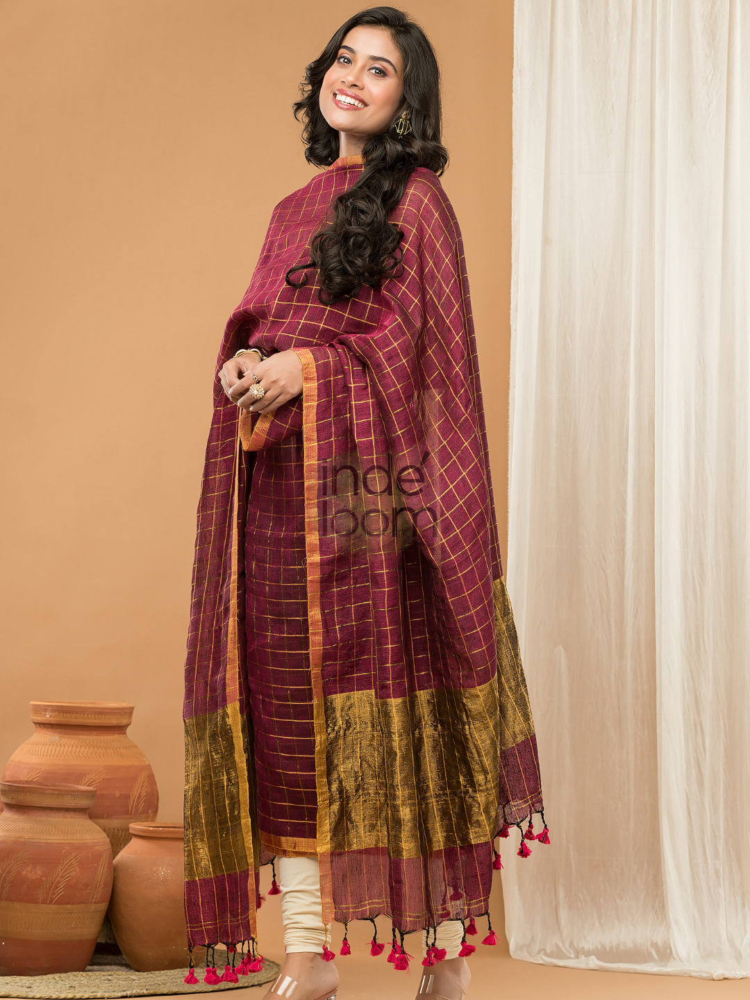 Maroon with Golden color Jamdani 2-Piece Set Kurti & Dupatta (UNSTITCHED) - 157