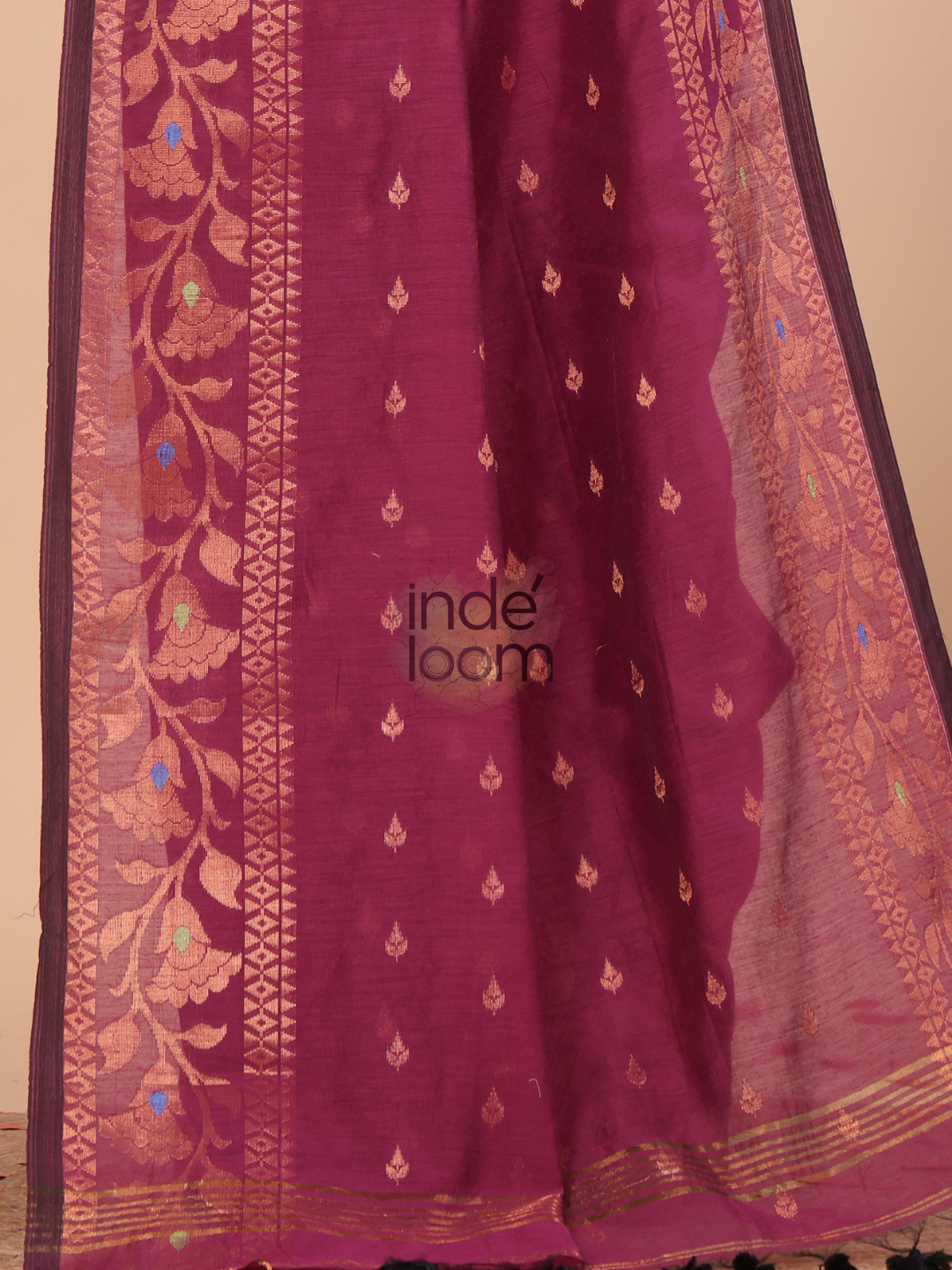 Cotton Silk Jamdani Saree With Wine Red- 129