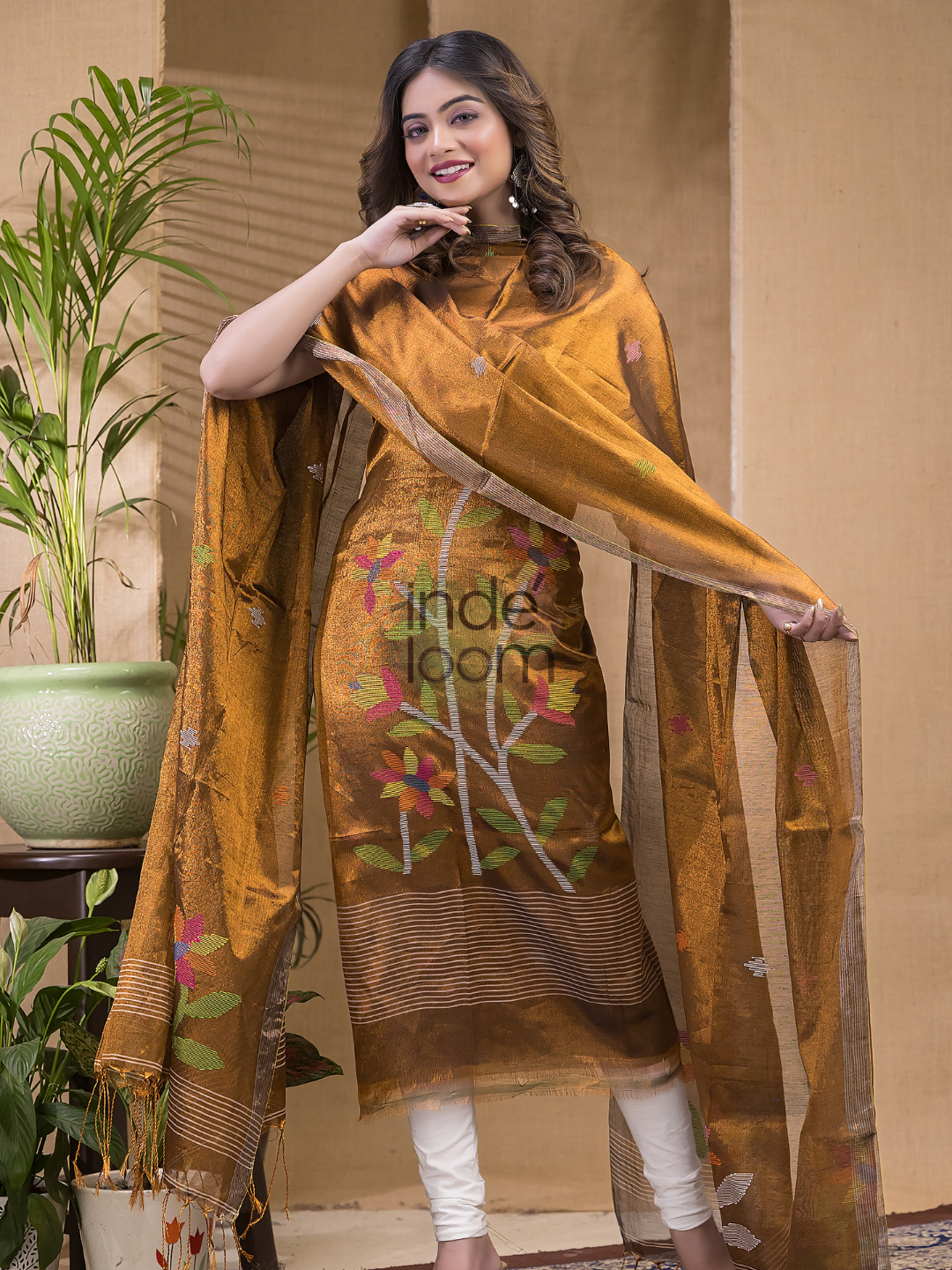 Mustard Yellow Pure Metalic linen suit 2 piece Set Kurti & Dupatta (UNSTITCHED)-622