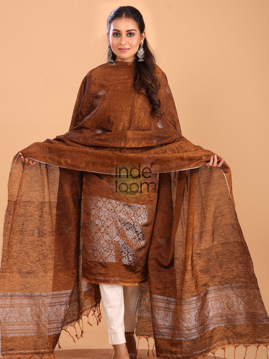 Umber Brown Tissue Linen Jamdani 2-Piece Set Kurti & Dupatta (UNSTITCHED) - 091