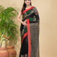 Coal Black Pure Linen Handloom Saree With Florals - 007