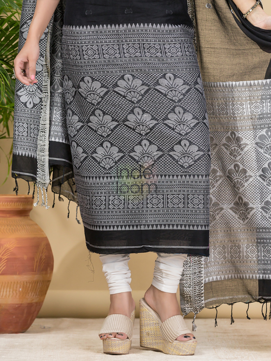 Coal Black Mercerised Cotton Baluchari 2-Piece Set Kurti Dupatta (UNSTITCHED)-889