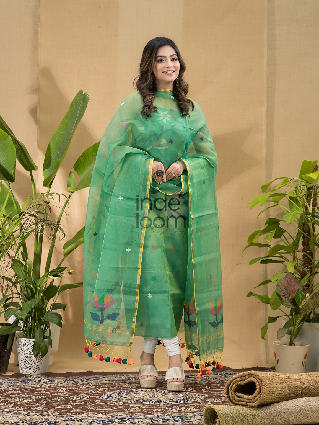 Lime Green Jamdani 2-Piece Set Kurti & Dupatta (UNSTITCHED) -724