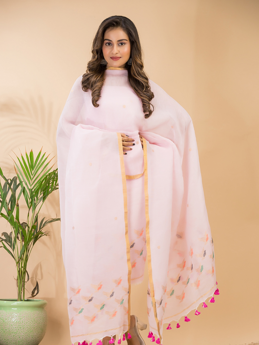 Handwoven Jamdani Cotton Linen Unstitched 2-piece Kurti  |  Baby Pink