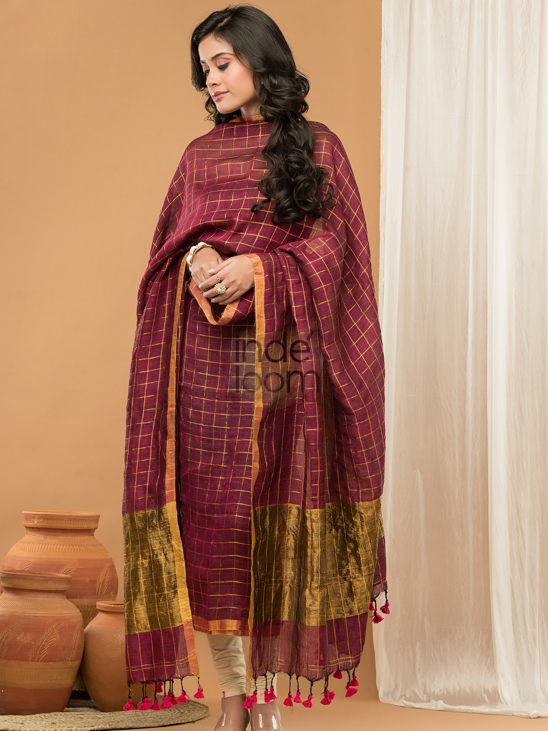 Maroon with Golden color Jamdani 2-Piece Set Kurti & Dupatta (UNSTITCHED) - 157