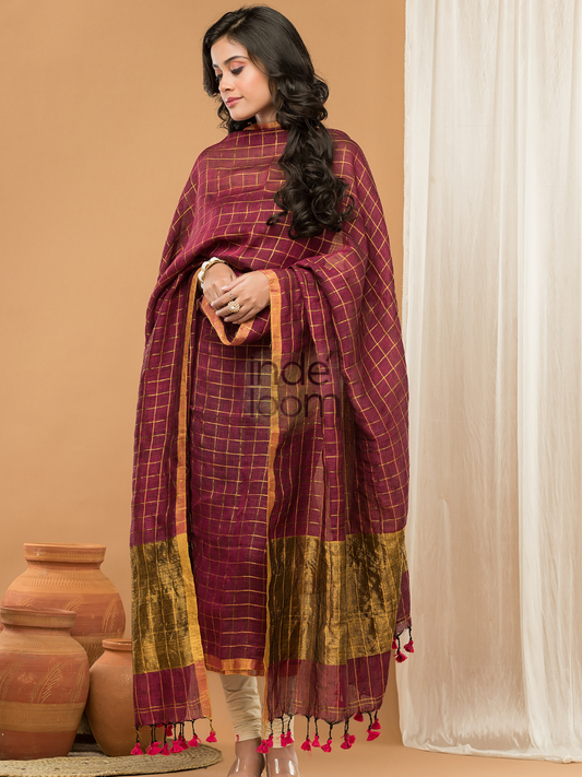 Maroon with Golden color Jamdani 2-Piece Set Kurti & Dupatta (UNSTITCHED) - 157