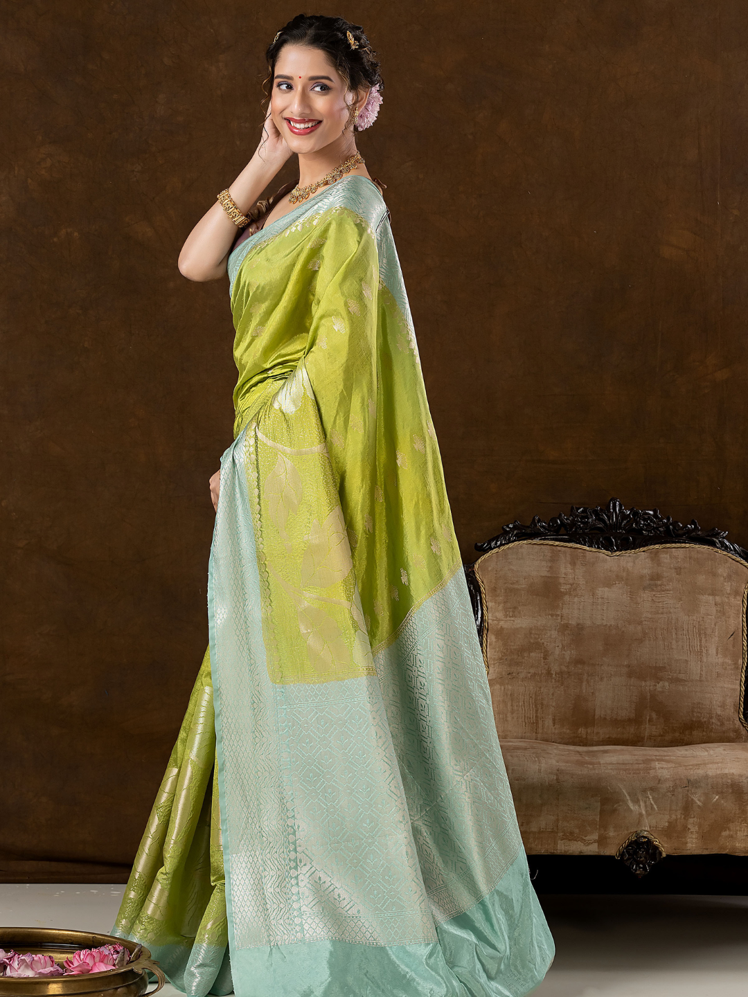 Classic Benarasi Semi Silk Saree | Lime Green