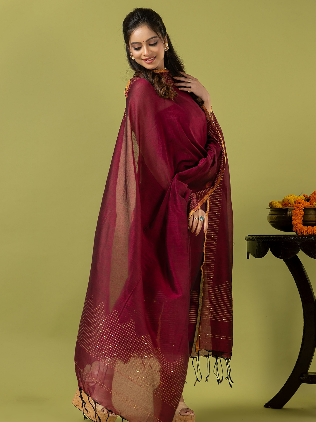 Handwoven Jamdani cotton Unstitched 2-piece Kurti | Wine Red