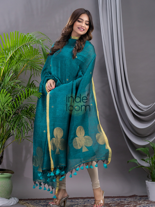 Teal Blue Cotton Linen 2-Piece Set Kurti & Dupatta (UNSTITCHED) - 121