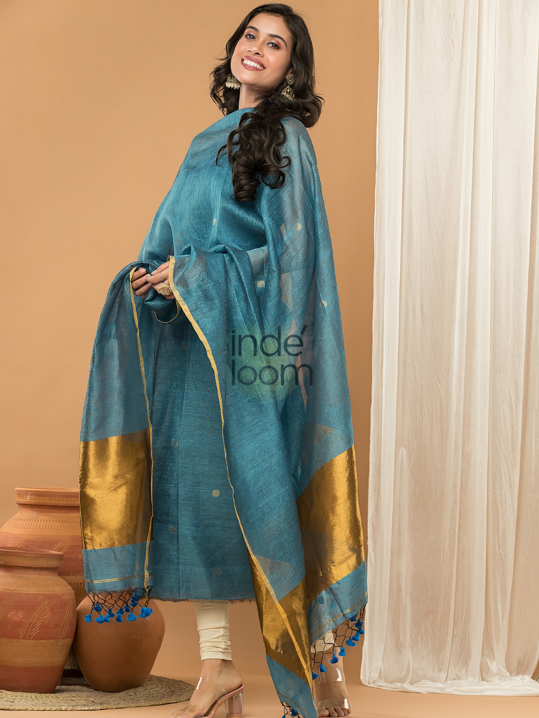 Linen Jamdani Unstitched 2-Piece Kurti  |  Navy Blue