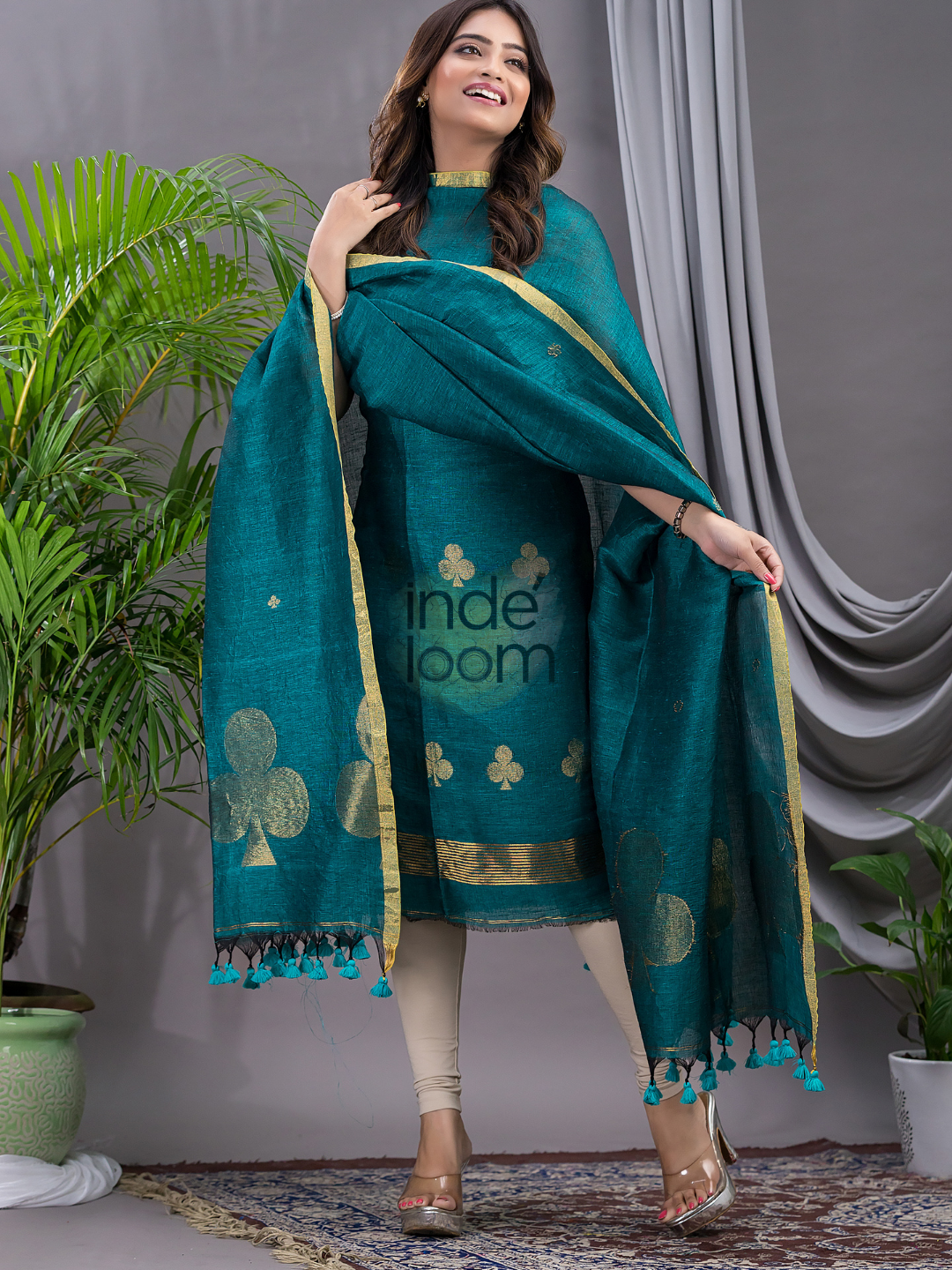 Teal Blue Cotton Linen 2-Piece Set Kurti & Dupatta (UNSTITCHED) - 121