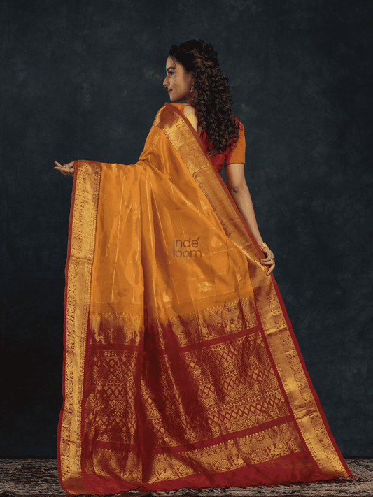 Pure Handloom Korvai Mayil-Chakram Saree in Golden Yellow - 144