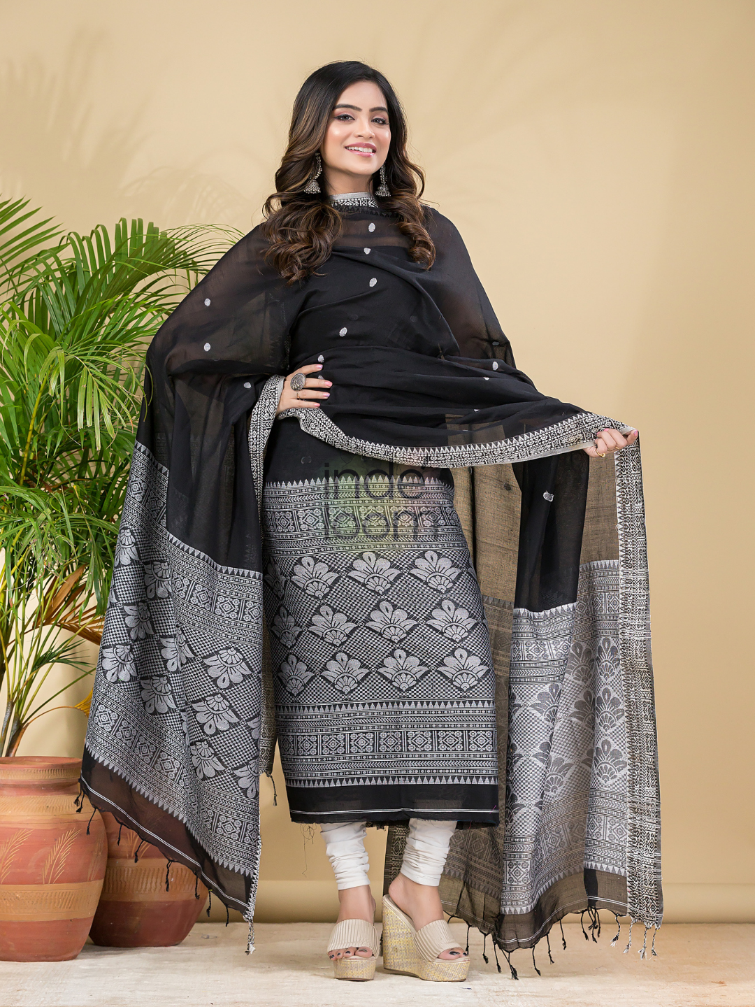 Coal Black Mercerised Cotton Baluchari 2-Piece Set Kurti Dupatta (UNSTITCHED)-889