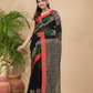 Coal Black Pure Linen Handloom Saree With Florals - 007