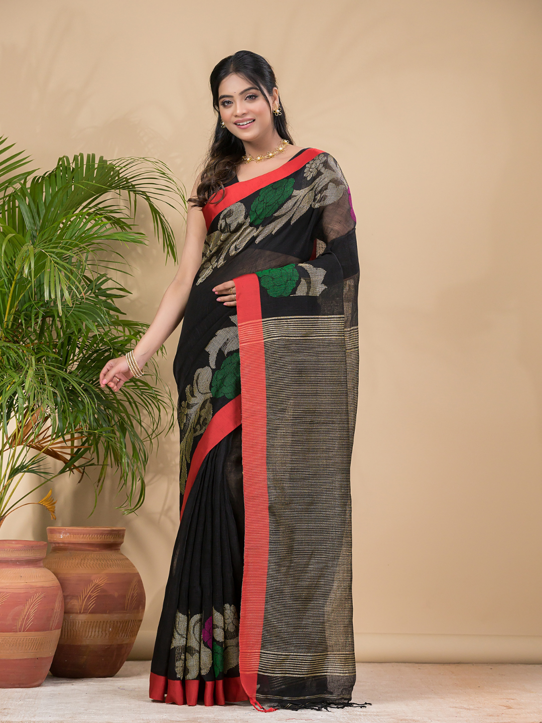 Coal Black Pure Linen Handloom Saree With Florals - 007