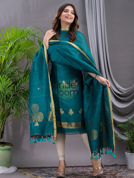 Teal Blue Cotton Linen 2-Piece Set Kurti & Dupatta (UNSTITCHED) - 121