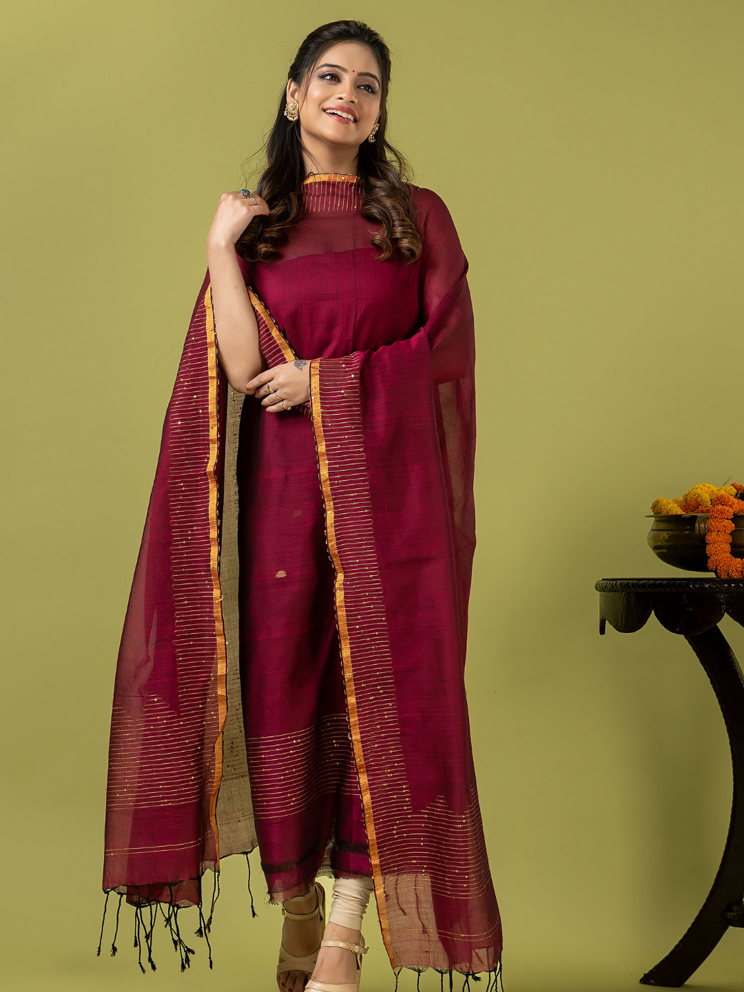Handwoven Jamdani cotton Unstitched 2-piece Kurti | Wine Red