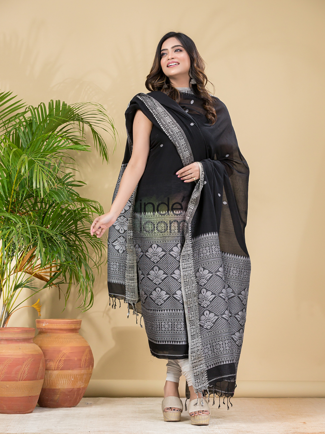 Coal Black Mercerised Cotton Baluchari 2-Piece Set Kurti Dupatta (UNSTITCHED)-889