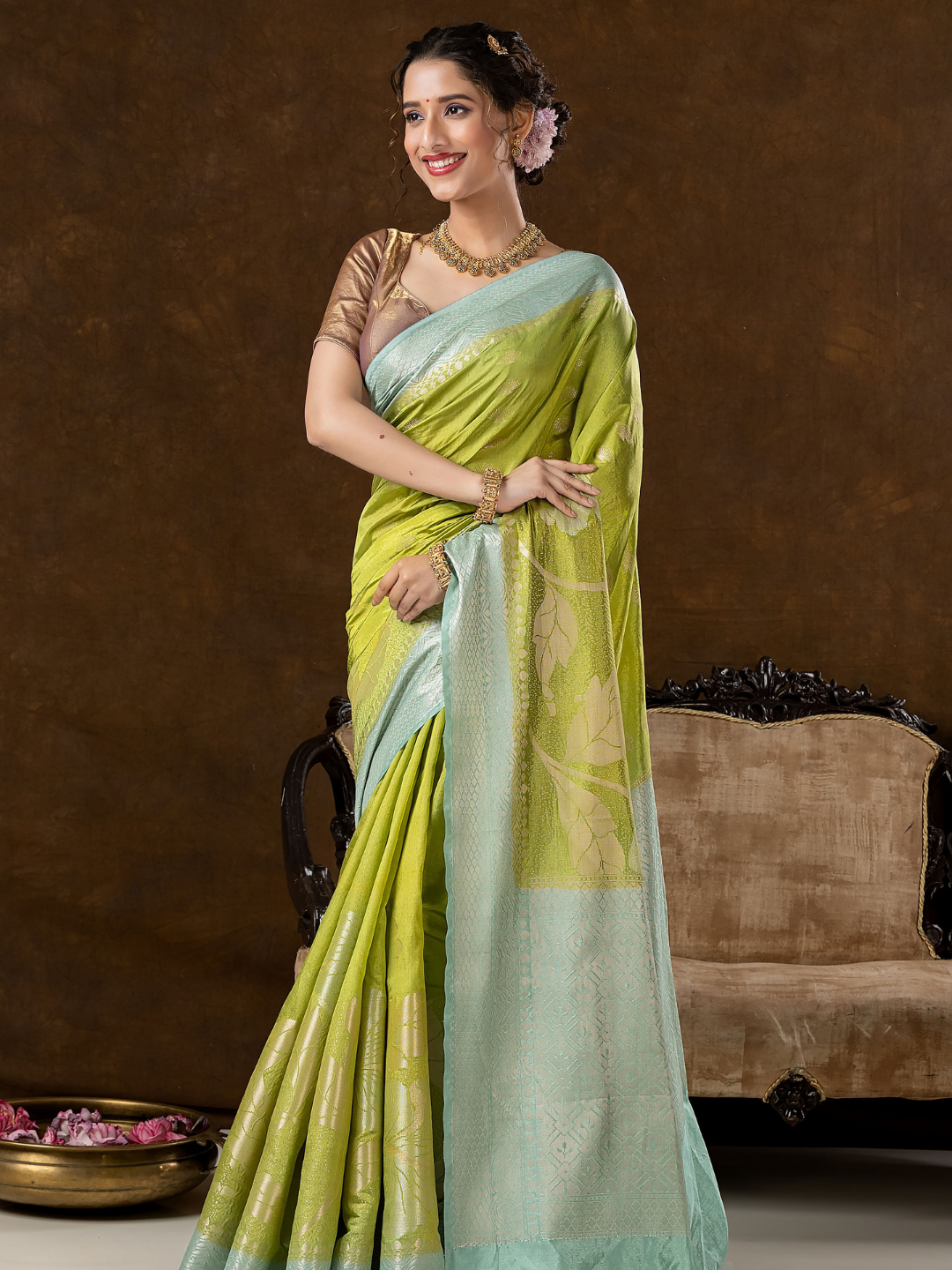 Classic Benarasi Semi Silk Saree | Lime Green