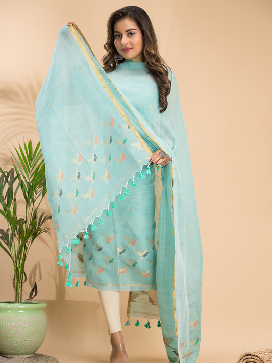 Sky Blue Cotton Linen 2-Piece Set Kurti & Dupatta (UNSTITCHED) - 117