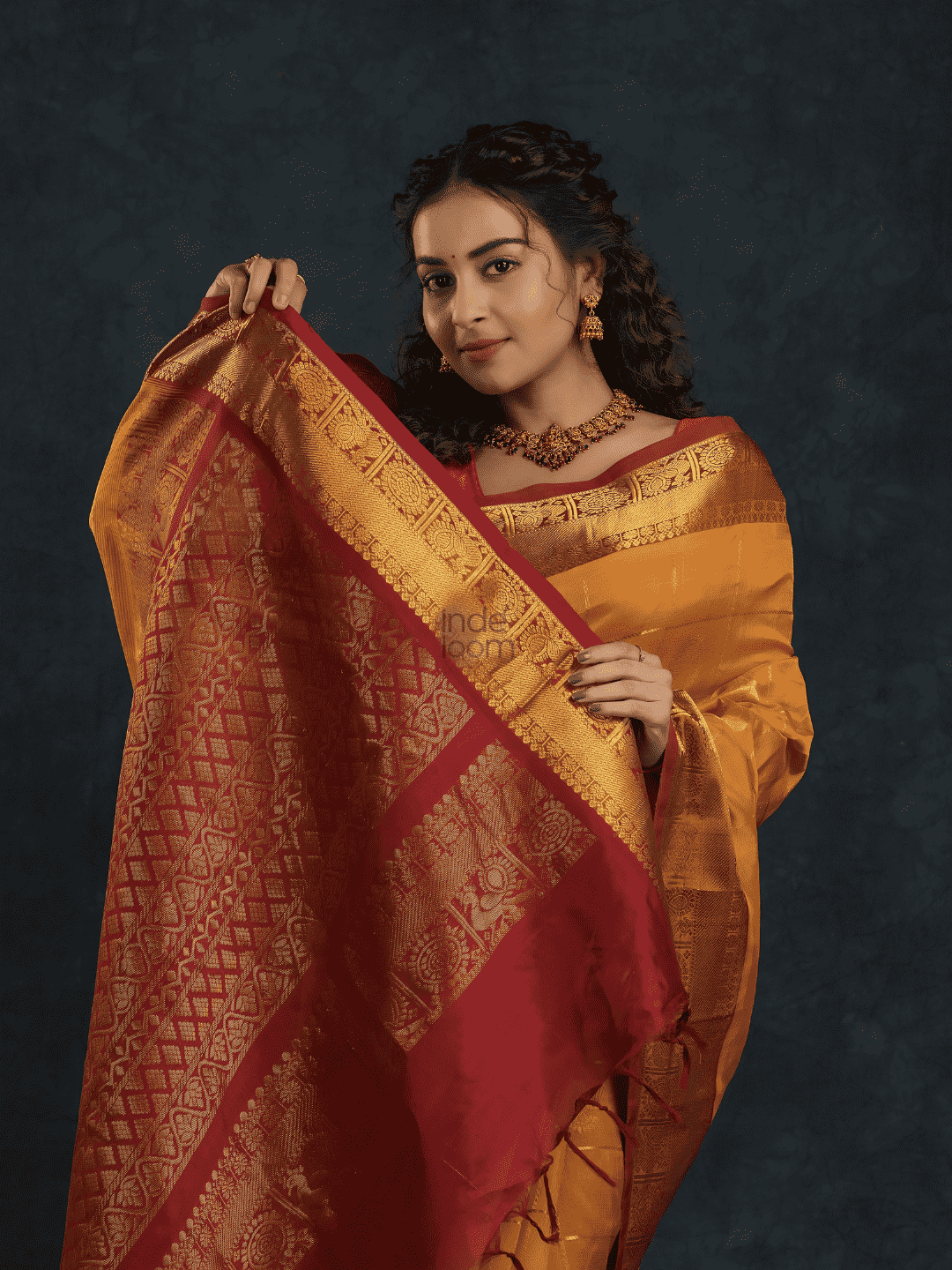 Pure Handloom Korvai Mayil-Chakram Saree in Golden Yellow - 144