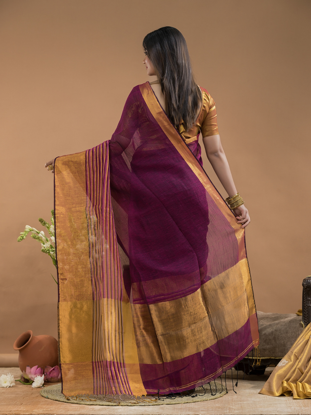Tissue Silk Saree In Brick Red and Golden Border - 030
