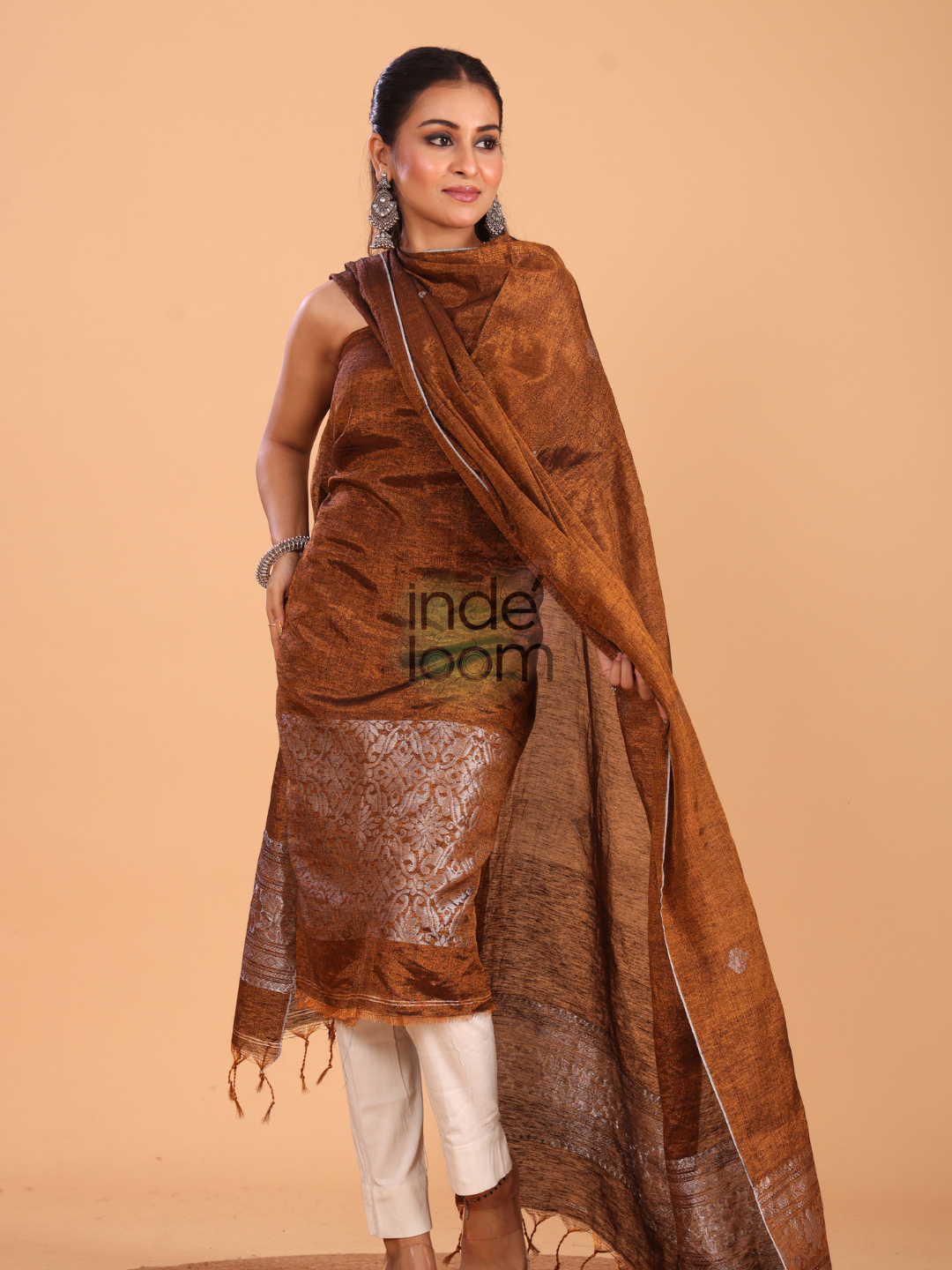 Umber Brown Tissue Linen Jamdani 2-Piece Set Kurti & Dupatta (UNSTITCHED) - 091