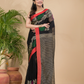 Coal Black Pure Linen Handloom Saree With Florals - 007