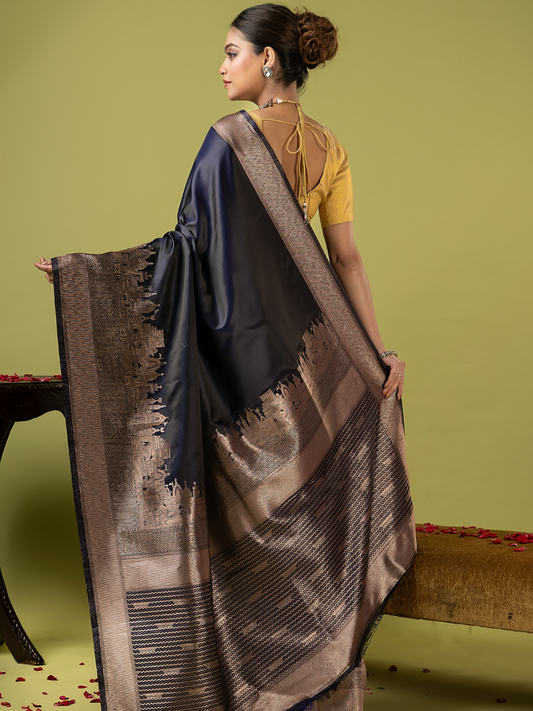 Classic Benarasi Semi Silk Saree | Jet Black