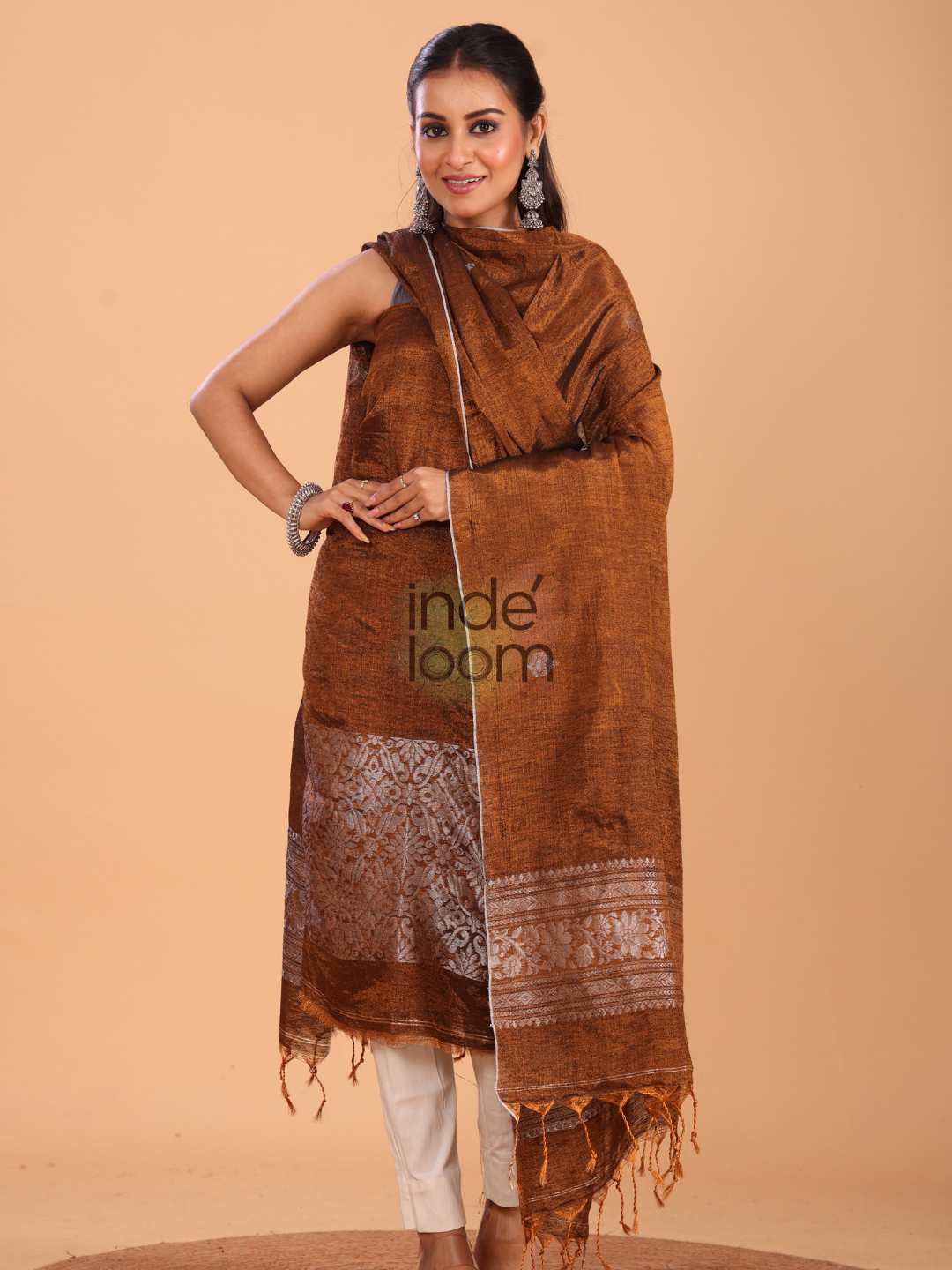 Umber Brown Tissue Linen Jamdani 2-Piece Set Kurti & Dupatta (UNSTITCHED) - 091