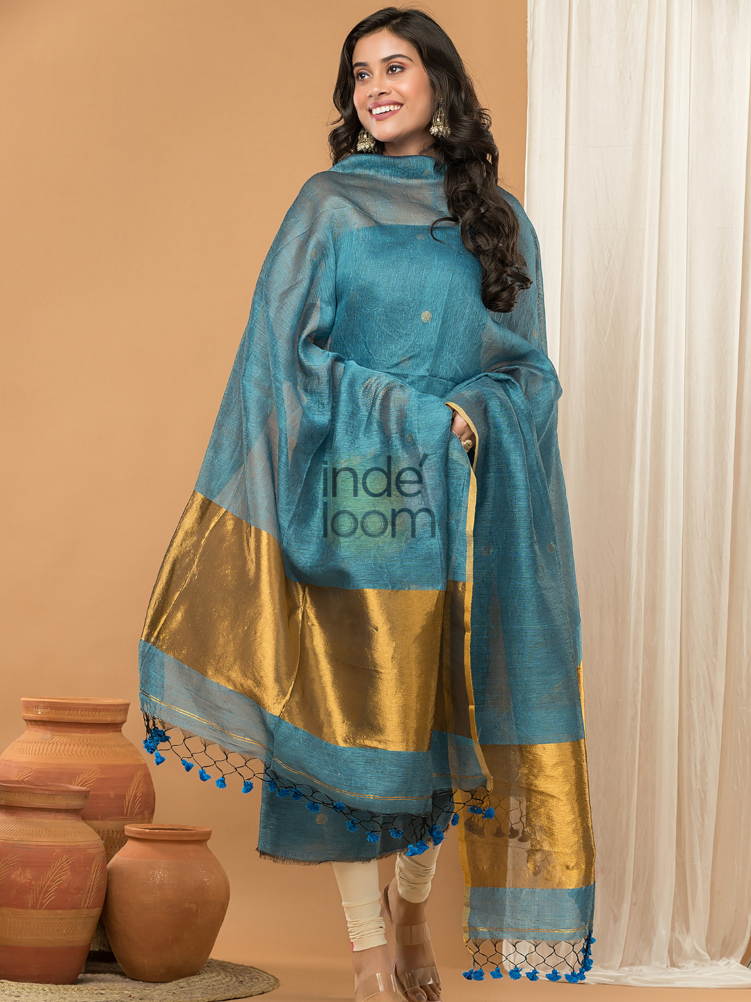 Linen Jamdani Unstitched 2-Piece Kurti  |  Navy Blue