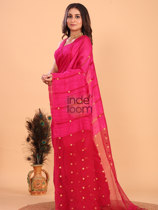 Handwoven Pure Jamdani Silk Saree  |  Magenta Pink