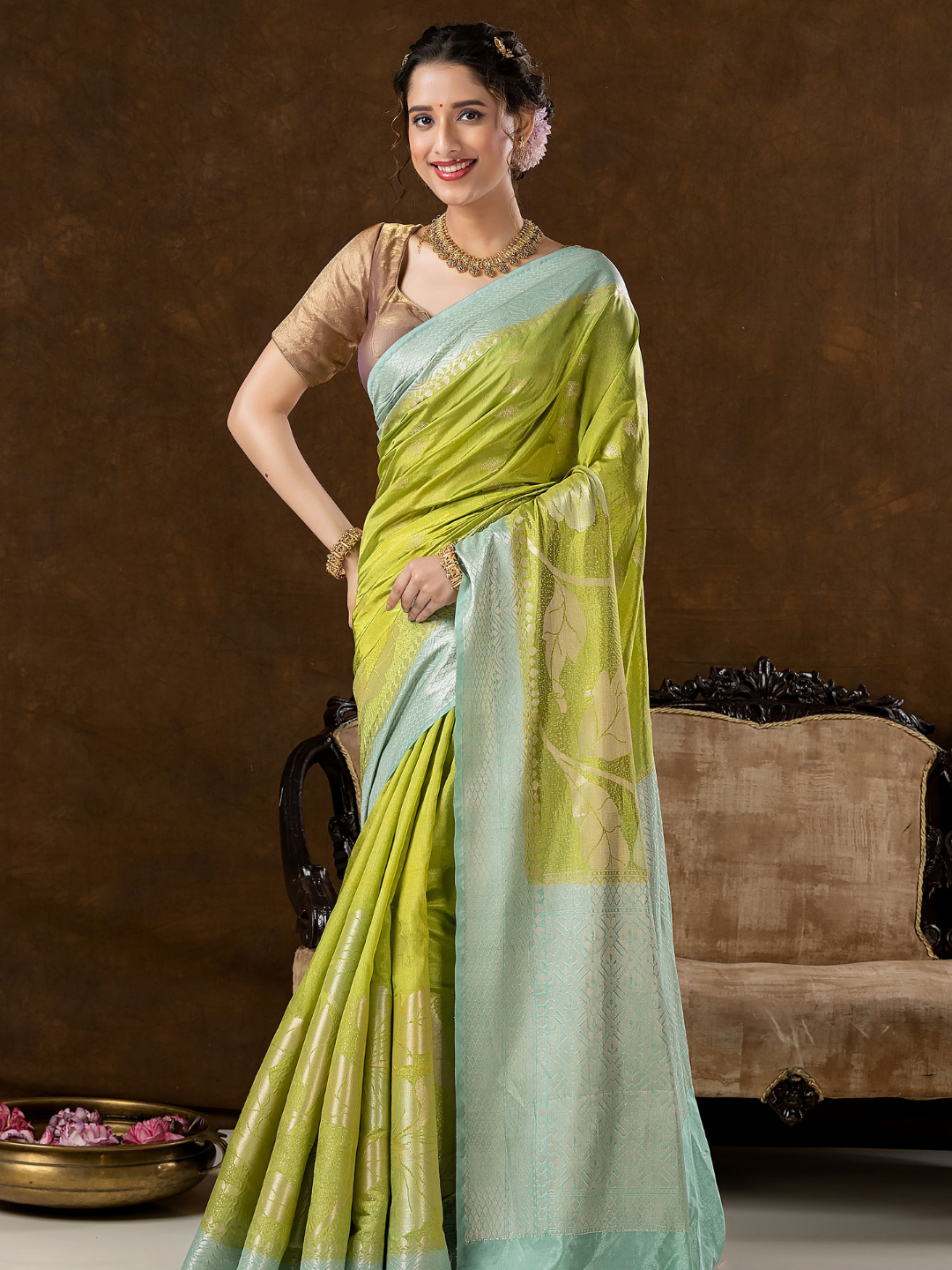 Classic Benarasi Semi Silk Saree | Lime Green